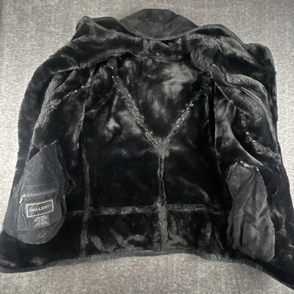 Gallery Genuine Suede Leather Coat Womens Sz M Black Faux Fur Lining & Trim Warm - Picture 3 of 12
